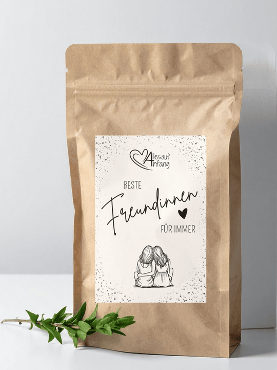 Bio Tee und Bio Trinkschokolade:  Etikett „Beste Freundinnen für immer“ – kleiner Gruß für die beste Freundin,, Freundschaftsgeschenk, liebevoll & nachhaltig, Alles auf Anfang, Bedburg (NRW).