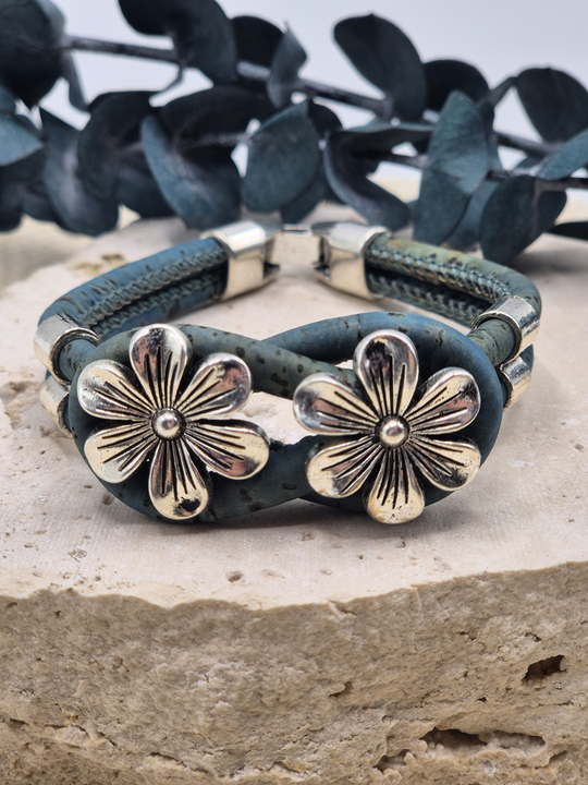 BLUME Kork Armband blau mit Motiv aus Zamak Legierung