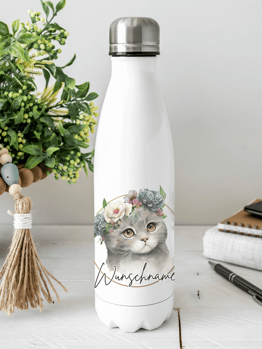 Personalisierbare Edelstahl-Trinkflasche mit doppelwandiger Thermo-Isolierung, 350ml oder 500ml, auslaufsicher und BPA-frei, mit liebevollem Aquarell-Motiv Katze – nachhaltiges Geschenk für unterwegs, Schule, Büro oder Sport.