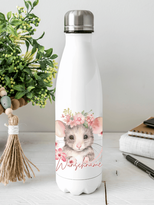 Personalisierbare Edelstahl-Trinkflasche mit doppelwandiger Thermo-Isolierung, 350ml oder 500ml, auslaufsicher und BPA-frei, mit liebevollem Aquarell-Motiv Maus – nachhaltiges Geschenk für unterwegs, Schule, Büro oder Sport.