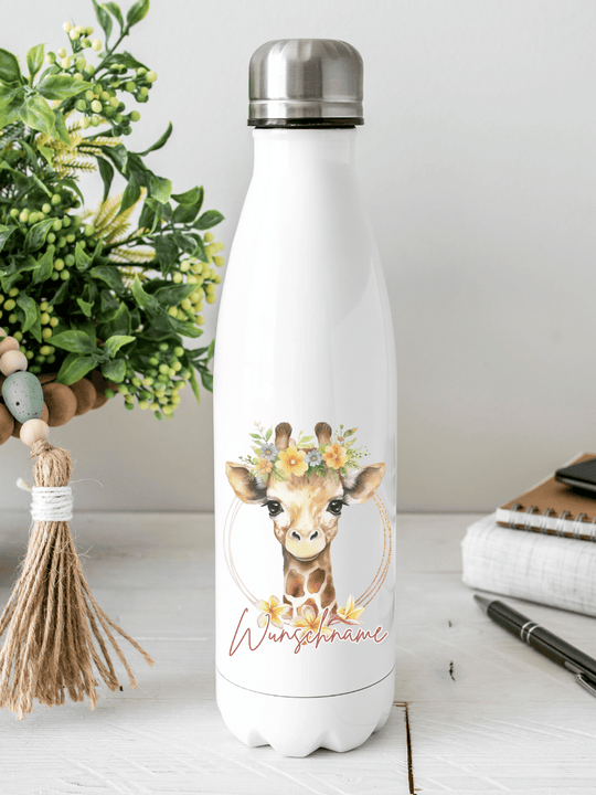 Personalisierbare Edelstahl-Trinkflasche mit doppelwandiger Thermo-Isolierung, 350ml oder 500ml, auslaufsicher und BPA-frei, mit liebevollem Aquarell-Motiv Giraffe – nachhaltiges Geschenk für unterwegs, Schule, Büro oder Sport.