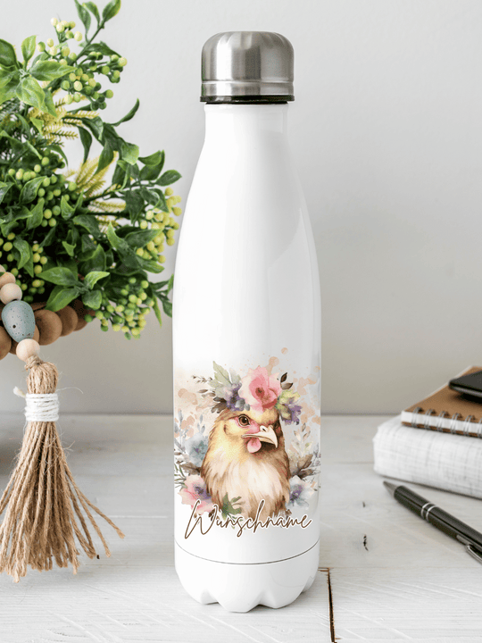 Nachhaltige Edelstahltrinkflasche mit Huhn-Motiv – personalisierbares Geschenk für Freundin oder deinen Lieblingsmenschen. Nachhaltige Geschenkideen bei Alles auf Anfang – Geschenke für Herz & Seele
