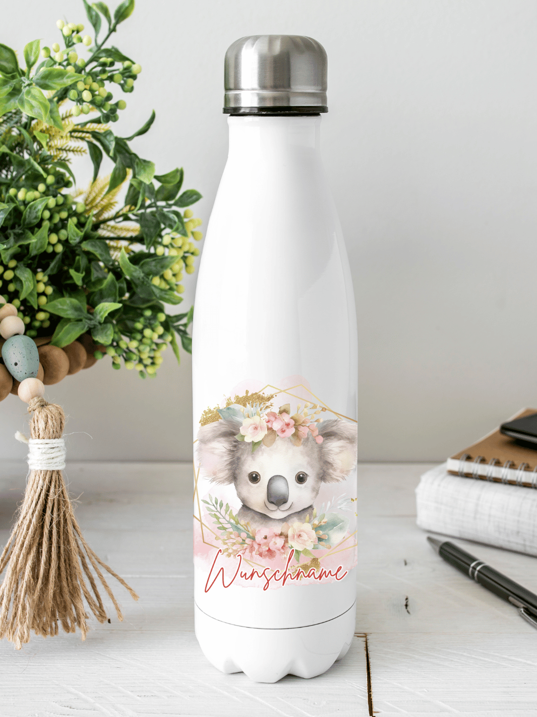 Personalisierbare Edelstahl-Trinkflasche mit doppelwandiger Thermo-Isolierung, 350ml oder 500ml, auslaufsicher und BPA-frei, mit liebevollem Aquarell-Motiv Koala – nachhaltiges Geschenk für unterwegs, Schule, Büro oder Sport.