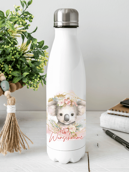 Personalisierbare Edelstahl-Trinkflasche mit doppelwandiger Thermo-Isolierung, 350ml oder 500ml, auslaufsicher und BPA-frei, mit liebevollem Aquarell-Motiv Koala – nachhaltiges Geschenk für unterwegs, Schule, Büro oder Sport.