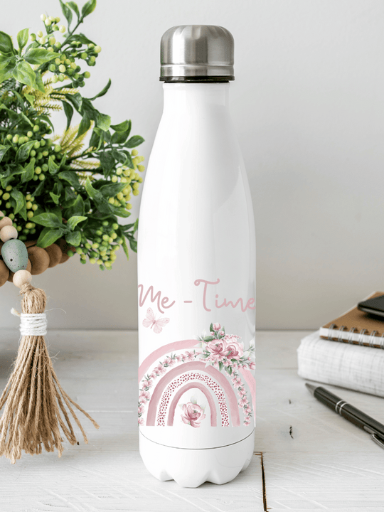 Personalisierbare Edelstahl-Trinkflasche mit doppelwandiger Thermo-Isolierung, 350ml oder 500ml, auslaufsicher und BPA-frei, mit liebevollem Aquarell-Motiv Me-Time – nachhaltiges Geschenk für unterwegs, Schule, Büro oder Sport.