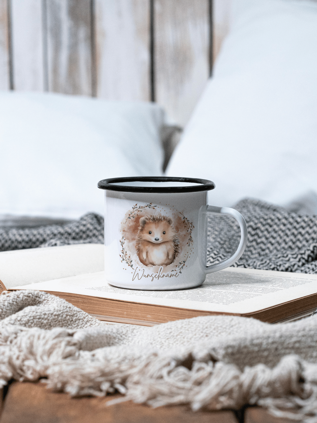 IGEL Emaillebecher (personalisierbar) schwarzer Rand Motiv links