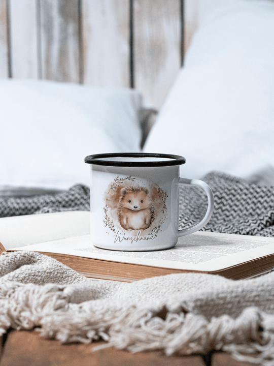 IGEL Emaillebecher (personalisierbar) schwarzer Rand Motiv links