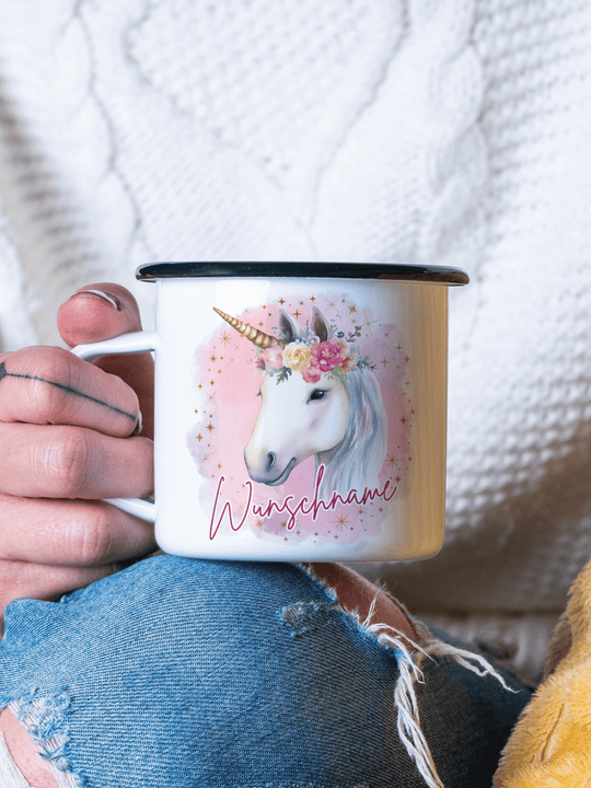 Emaillebecher mit personalisiertem Motiv – langlebig und einzigartig – ideal für Achtsamkeit, Geschenke und entspannte Momente