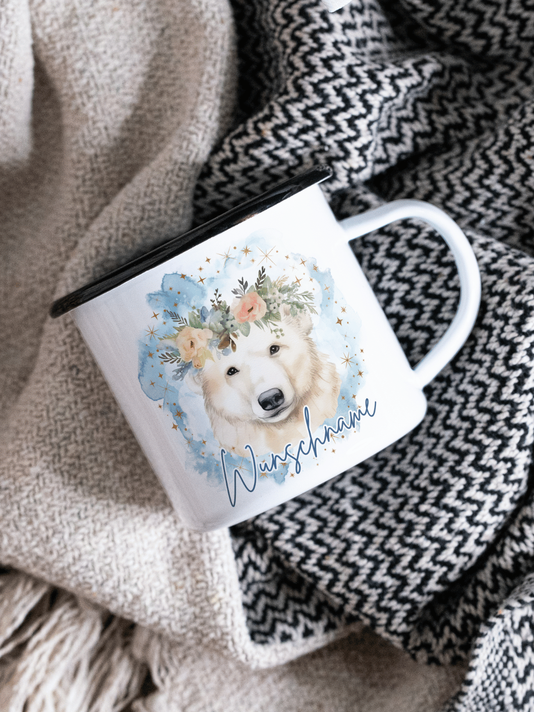 Emaillebecher mit personalisiertem Motiv – langlebig und einzigartig – ideal für Achtsamkeit, Geschenke und entspannte Momente