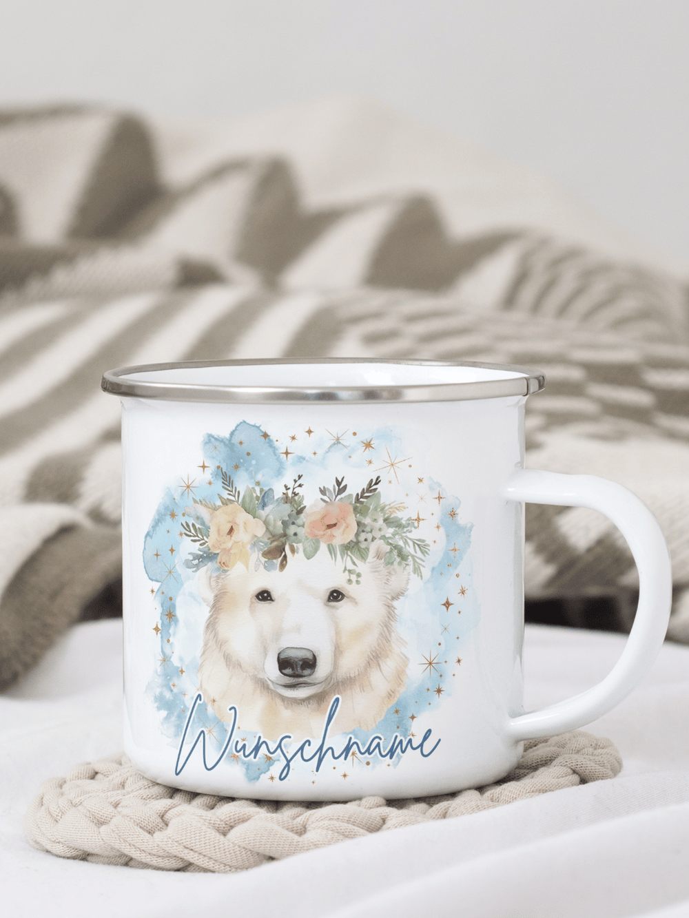 Emaillebecher mit personalisiertem Motiv – langlebig und einzigartig – ideal für Achtsamkeit, Geschenke und entspannte Momente