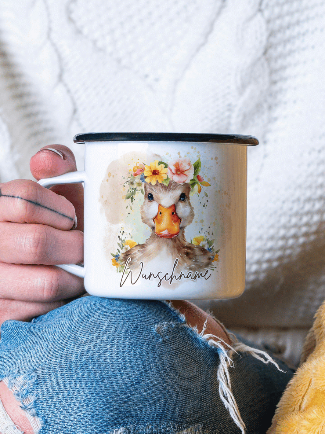 Emaillebecher mit personalisiertem Motiv – langlebig und einzigartig – ideal für Achtsamkeit, Geschenke und entspannte Momente