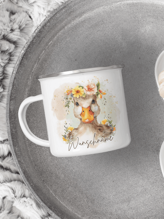 Emaillebecher mit personalisiertem Motiv – langlebig und einzigartig – ideal für Achtsamkeit, Geschenke und entspannte Momente