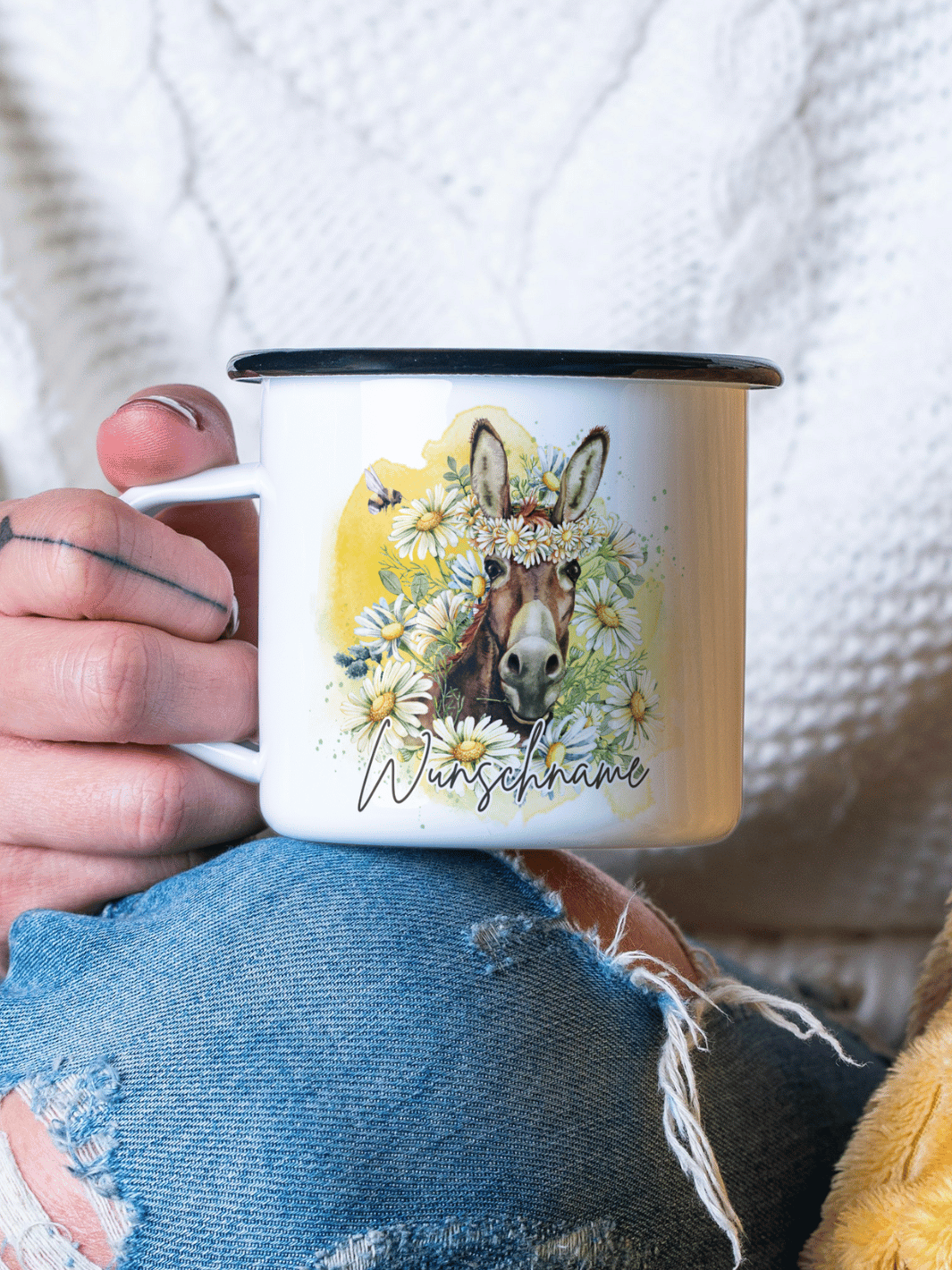 Emaillebecher mit personalisiertem Motiv – langlebig und einzigartig – ideal für Achtsamkeit, Geschenke und entspannte Momente