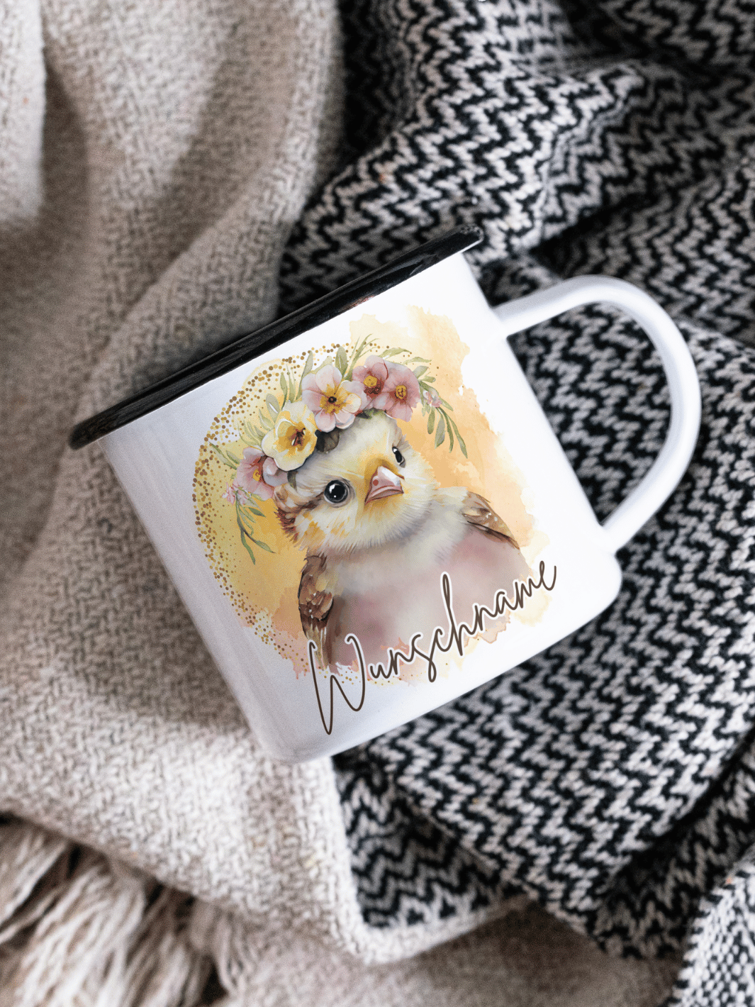 Emaillebecher mit personalisiertem Motiv – langlebig und einzigartig – ideal für Achtsamkeit, Geschenke und entspannte Momente