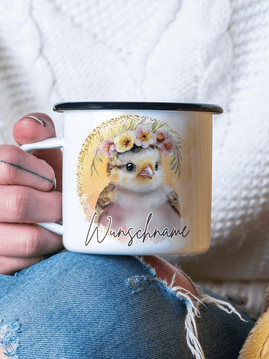 Emaillebecher mit personalisiertem Motiv – langlebig und einzigartig – ideal für Achtsamkeit, Geschenke und entspannte Momente