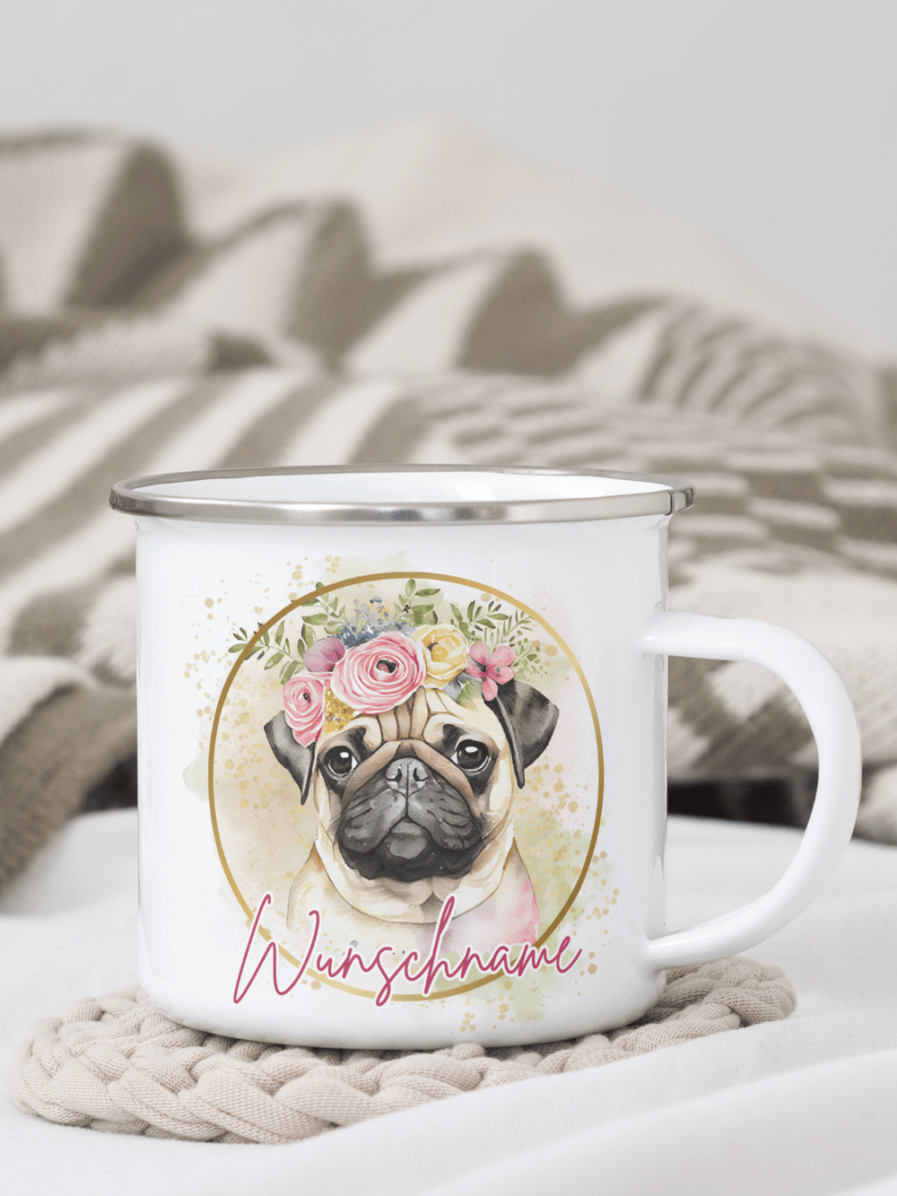 Emaillebecher mit personalisiertem Motiv – langlebig und einzigartig – ideal für Achtsamkeit, Geschenke und entspannte Momente