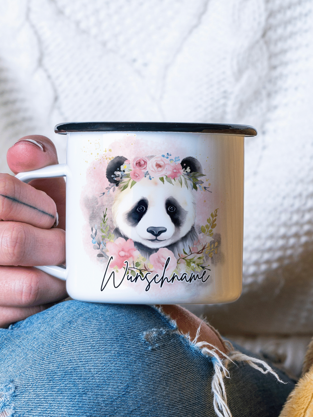 Emaillebecher mit personalisiertem Motiv – langlebig und einzigartig – ideal für Achtsamkeit, Geschenke und entspannte Momente