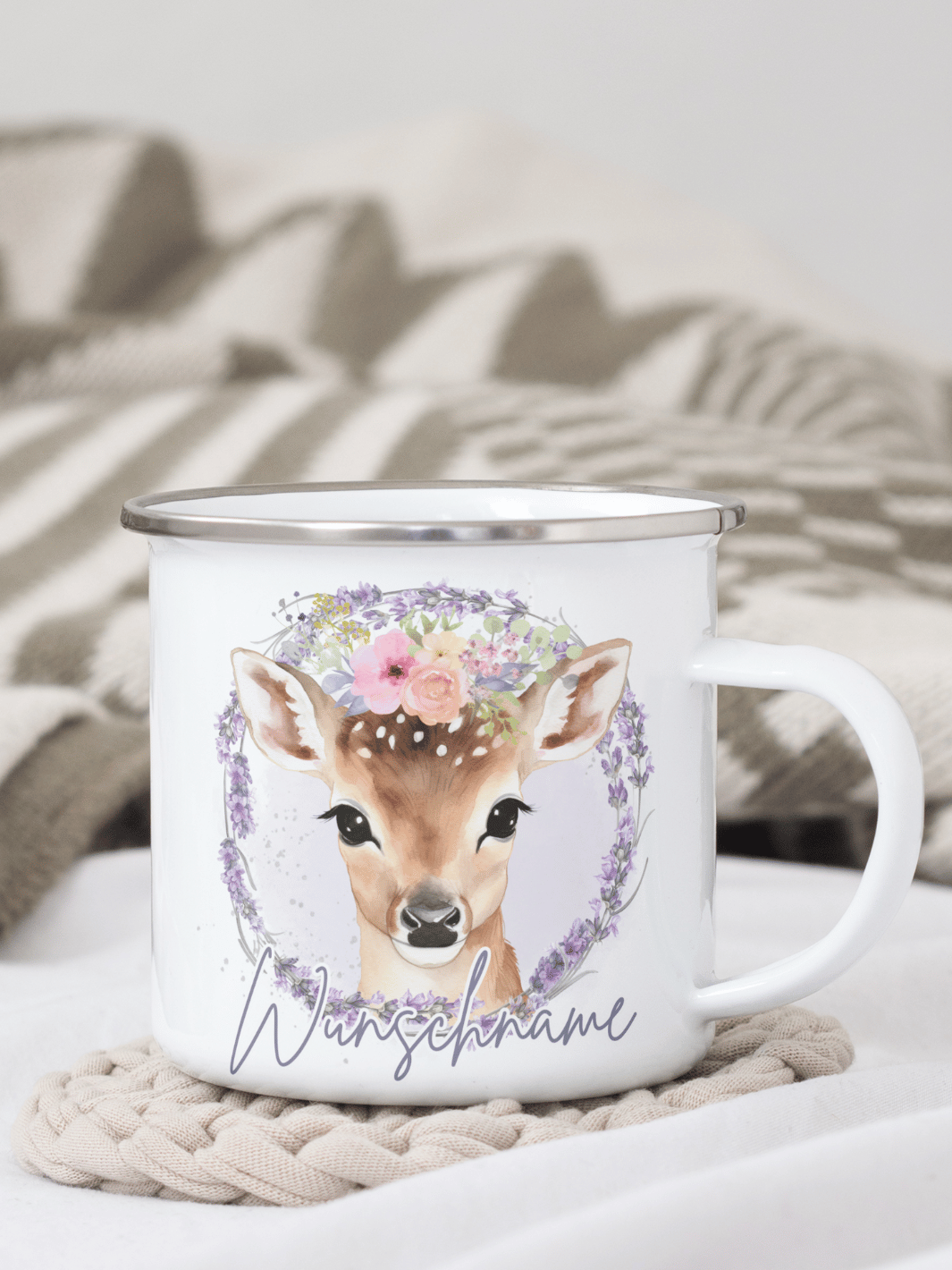 Emaillebecher mit personalisiertem Motiv – langlebig und einzigartig – ideal für Achtsamkeit, Geschenke und entspannte Momente