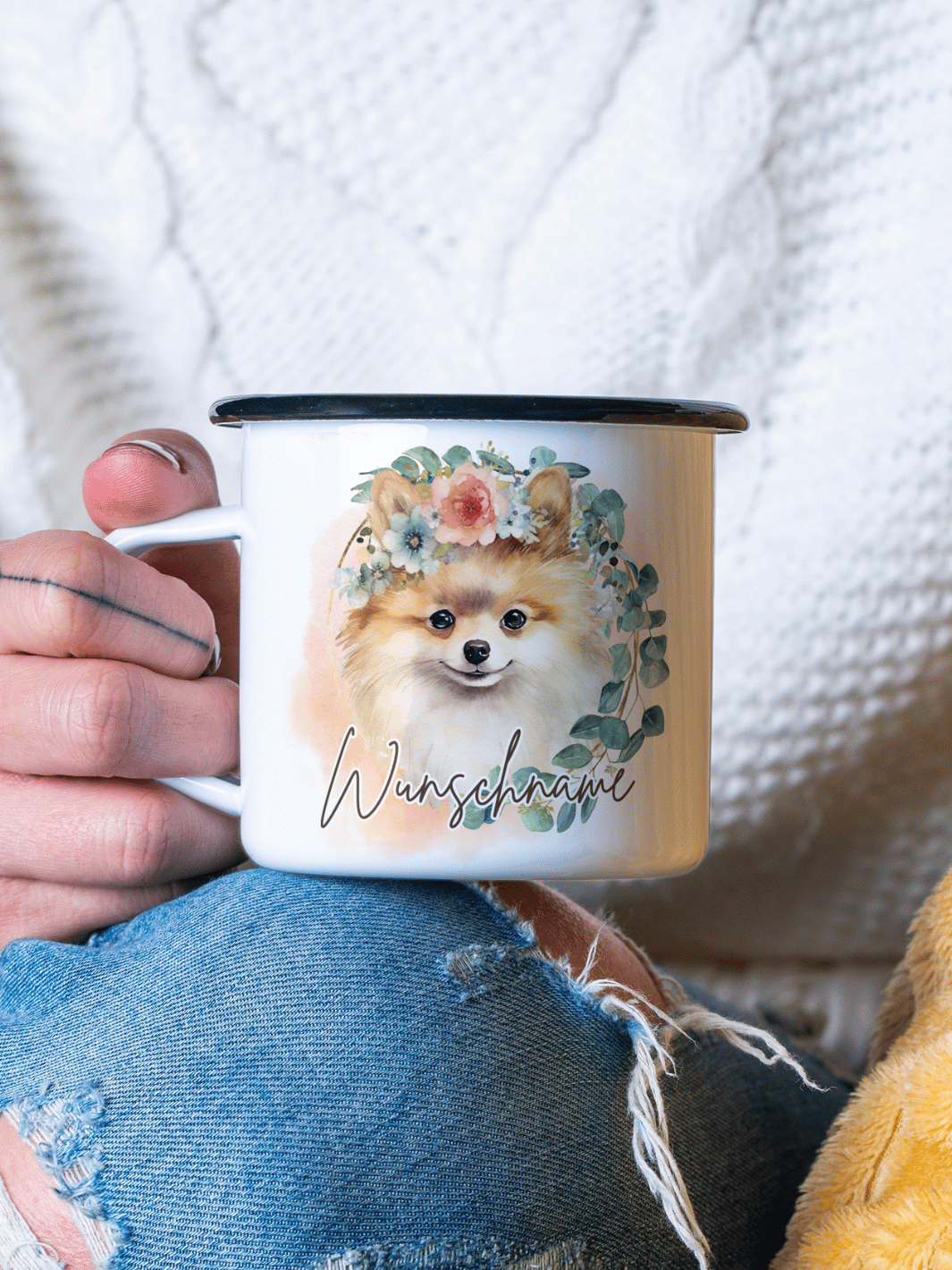 Emaillebecher mit personalisiertem Motiv – langlebig und einzigartig – ideal für Achtsamkeit, Geschenke und entspannte Momente