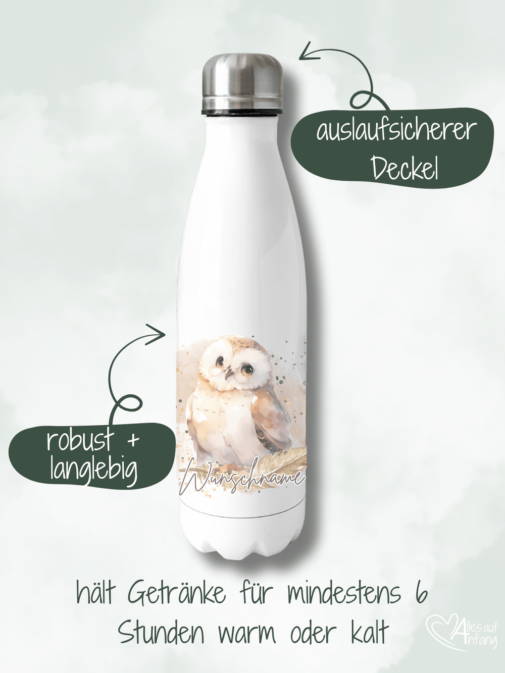 robuste, langlebige und auslaufsichere Thermo-Trinkflasche aus Edelstahl mit süßem Eulen-Aquarellmotiv. Hält Getränke für mindestens 6 Stunden warm oder kalt. Handveredelt und personalisierbar mit Wunschname aus kleiner Familienmanufaktur in Bedurg (NRW)