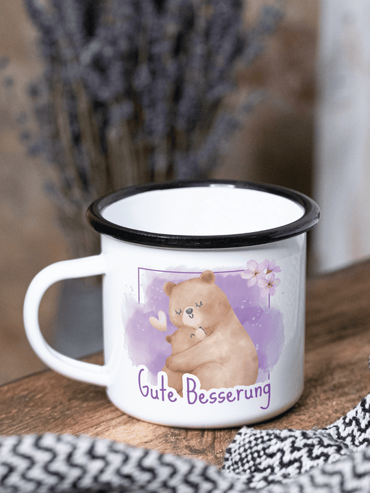 handgemachter Emaillebecher schwarz mit Motiv "Gute Besserung"  - ideales Geschenk für Frauen