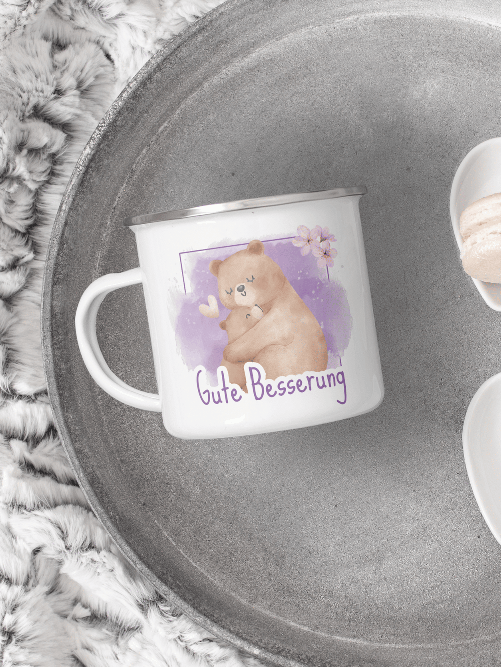 handgemachter Emaillebecher silber mit Motiv "Gute Besserung"  - ideales Geschenk für Frauen