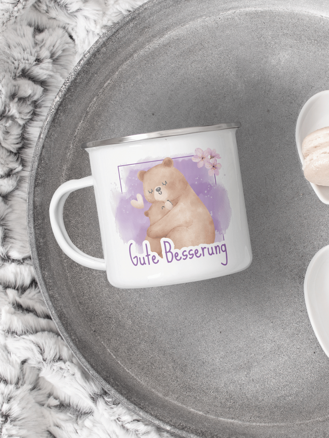 handgemachter Emaillebecher silber mit Motiv "Gute Besserung"  - ideales Geschenk für Frauen