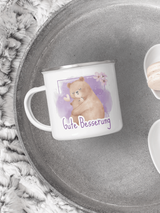 handgemachter Emaillebecher silber mit Motiv "Gute Besserung"  - ideales Geschenk für Frauen