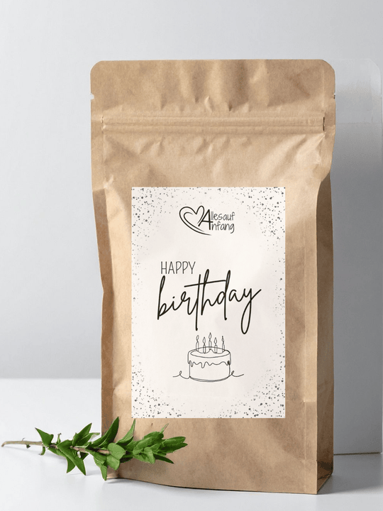 Bio Tee und Bio-Trinkschokolade: Etikett „Happy birthday“ – süßer Geburtstagsgruß,, Geburtstag-Geschenklabel, liebevoll & nachhaltig gestaltet, Alles auf Anfang, Bedburg (NRW).