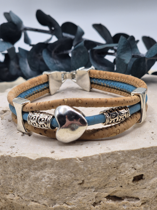HERZ Kork Armband natur türkis mit Motiv aus Zamak-Legierung