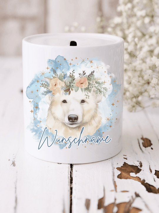 Keramikspardose mit niedlichem Motiv – nachhaltige Sparidee aus hochwertiger Keramik, kleines Geschenk für Kinder und Erwachsene, ideales Accessoire zum Sparen von Münzen und Scheinen, liebevoll illustriert.