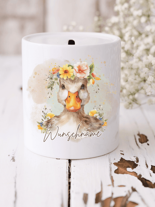 Keramikspardose mit niedlichem Motiv – nachhaltige Sparidee aus hochwertiger Keramik, kleines Geschenk für Kinder und Erwachsene, ideales Accessoire zum Sparen von Münzen und Scheinen, liebevoll illustriert.