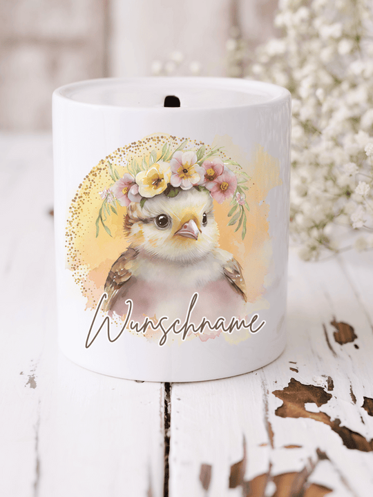 Keramikspardose mit niedlichem Motiv – nachhaltige Sparidee aus hochwertiger Keramik, kleines Geschenk für Kinder und Erwachsene, ideales Accessoire zum Sparen von Münzen und Scheinen, liebevoll illustriert.