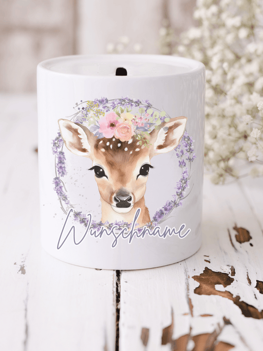 Keramikspardose mit niedlichem Motiv – nachhaltige Sparidee aus hochwertiger Keramik, kleines Geschenk für Kinder und Erwachsene, ideales Accessoire zum Sparen von Münzen und Scheinen, liebevoll illustriert.