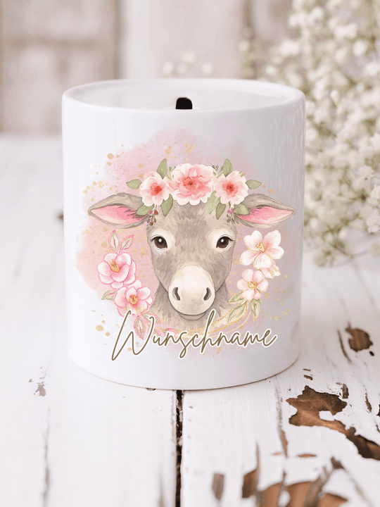 Handgemachte Spardose Esel II – niedliches Tiermotiv aus Keramik, nachhaltiges Geschenk für Kinder und Erwachsene, liebevoll gestaltet