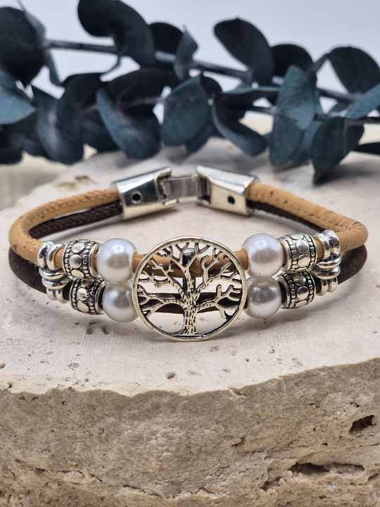 LEBENSBAUM Kork Armband braun natur mit Motiv aus Zamak-Legierung und Kunstperlen