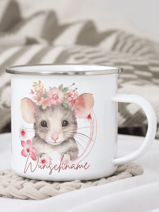 handgemachter, personalisierter Emaillebecher silber mit Motiv "Maus" links vom Henkel  - ideales Geschenk für Frauen