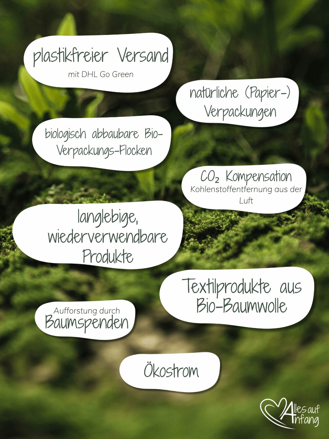 Nachhaltigkeitsmerkmale Onlineshop Alles auf Anfang, Geschenke für Herz und Seele. Der Handmade-Shop achtet auf plastikfreien Versand, nachhaltige Papierverpackungen, CO2-Kompensation, kompostierbare Füllmaterialien, Nutzung von Ökostrom und verkauft langlebige, wiederverwendbare Produkte und Textilprodukte aus Bio-Baumwolle. Ebenso spendet er für jede Bestellung einen Baum zur Wiederaufforstung