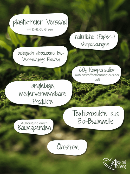 Nachhaltigkeitsmerkmale Onlineshop Alles auf Anfang, Geschenke für Herz und Seele. Der Handmade-Shop achtet auf plastikfreien Versand, nachhaltige Papierverpackungen, CO2-Kompensation, kompostierbare Füllmaterialien, Nutzung von Ökostrom und verkauft langlebige, wiederverwendbare Produkte und Textilprodukte aus Bio-Baumwolle. Ebenso spendet er für jede Bestellung einen Baum zur Wiederaufforstung