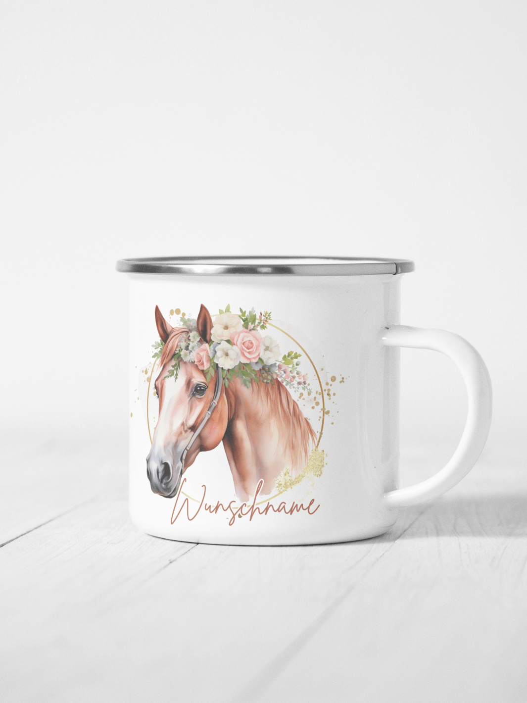 handgemachter, personalisierter Emaillebecher silber mit Motiv "Pferd" links vom Henkel  - ideales Geschenk für Frauen