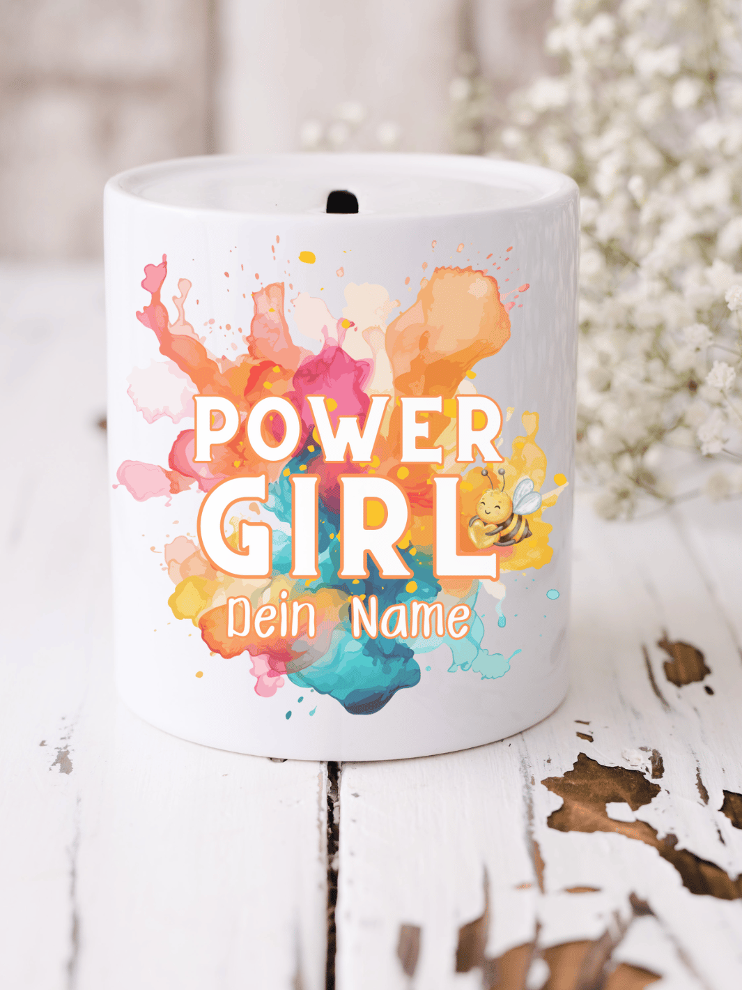 Motivierende Keramikspardose „Power Girl“ – mit bunter Aquarellwolke & starker Message. Ideal für mutige Frauen, die an sich glauben. Handveredelt & nachhaltig. Alles auf Anfang 💚 Geschenke für Herz & Seele
