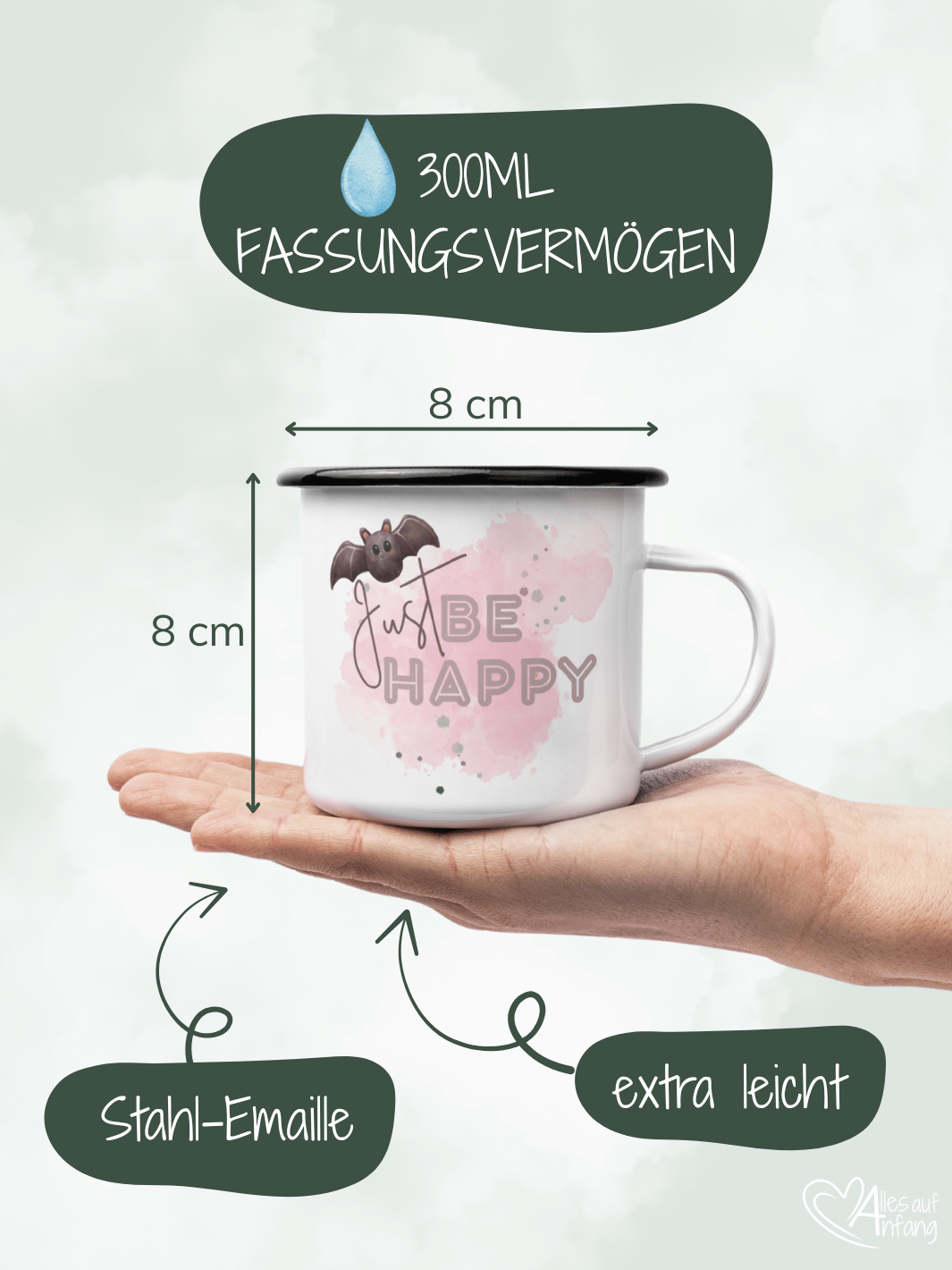 Emaillebecher mit personalisiertem Motiv – langlebig und einzigartig – ideal für Achtsamkeit, Geschenke und entspannte Momente