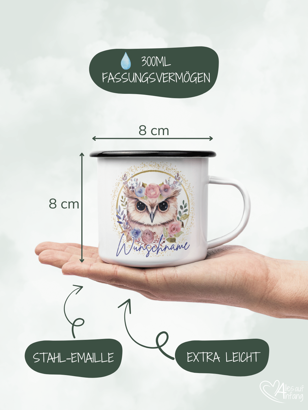 Produktinformationen Größe und Fassungsvermögen vom Emaillebecher. Onlineshop Alles auf Anfang - Geschenke für Herz & Seele