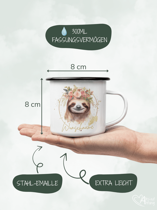 Produktinformationen Größe und Fassungsvermögen vom Emaillebecher. Onlineshop Alles auf Anfang - Geschenke für Herz & Seele