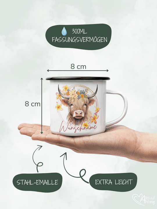 Produktinformationen Größe und Fassungsvermögen vom Emaillebecher. Onlineshop Alles auf Anfang - Geschenke für Herz & Seele