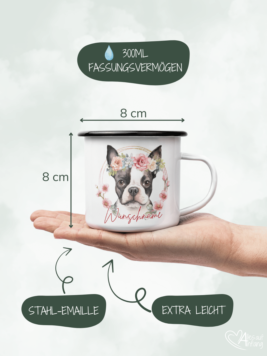 Produktinformationen Größe und Fassungsvermögen vom Emaillebecher. Onlineshop Alles auf Anfang - Geschenke für Herz & Seele