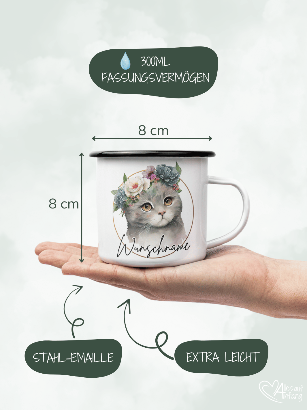 Produktinformationen Größe und Fassungsvermögen vom Emaillebecher. Onlineshop Alles auf Anfang - Geschenke für Herz & Seele