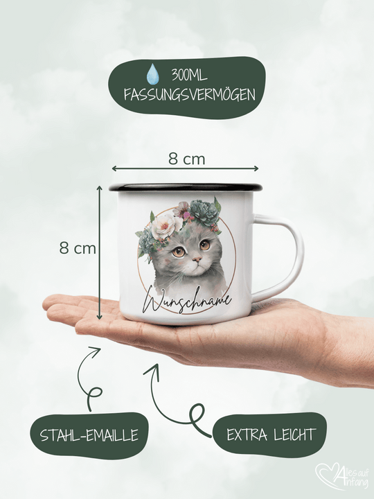 Produktinformationen Größe und Fassungsvermögen vom Emaillebecher. Onlineshop Alles auf Anfang - Geschenke für Herz & Seele