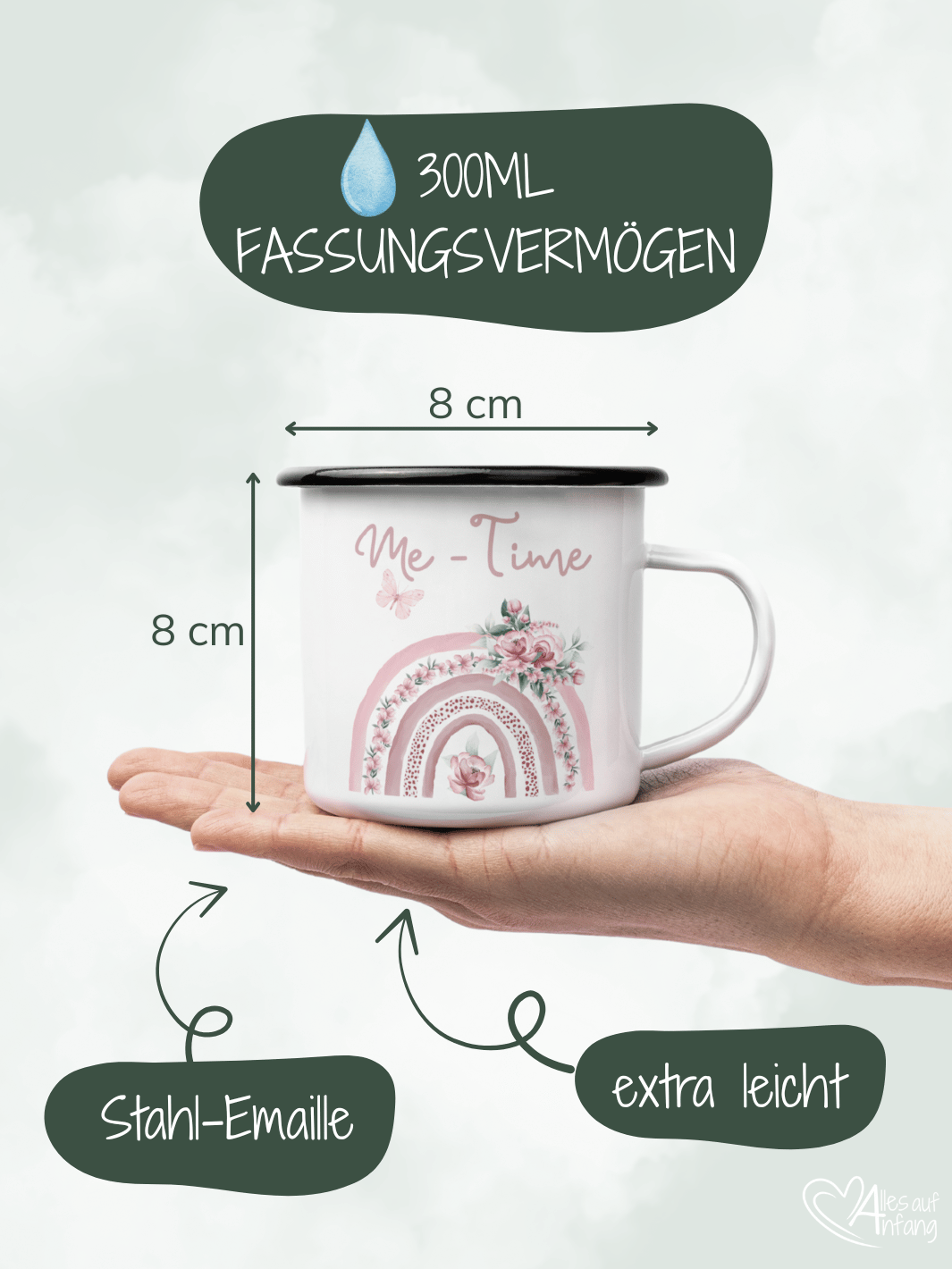 Emaillebecher mit personalisiertem Motiv – langlebig und einzigartig – ideal für Achtsamkeit, Geschenke und entspannte Momente