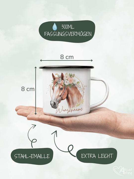 Produktinformationen Größe und Fassungsvermögen vom Emaillebecher. Onlineshop Alles auf Anfang - Geschenke für Herz & Seele